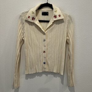 ASOS Cream Embroidered Floral Cardigan Sz US 6 Y2K Preppy Academia Chic Vtg